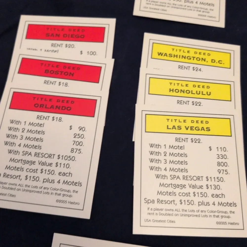 Title Deed Cards USA Greatest Cities Monopoly Piece Parts Replacement 2005